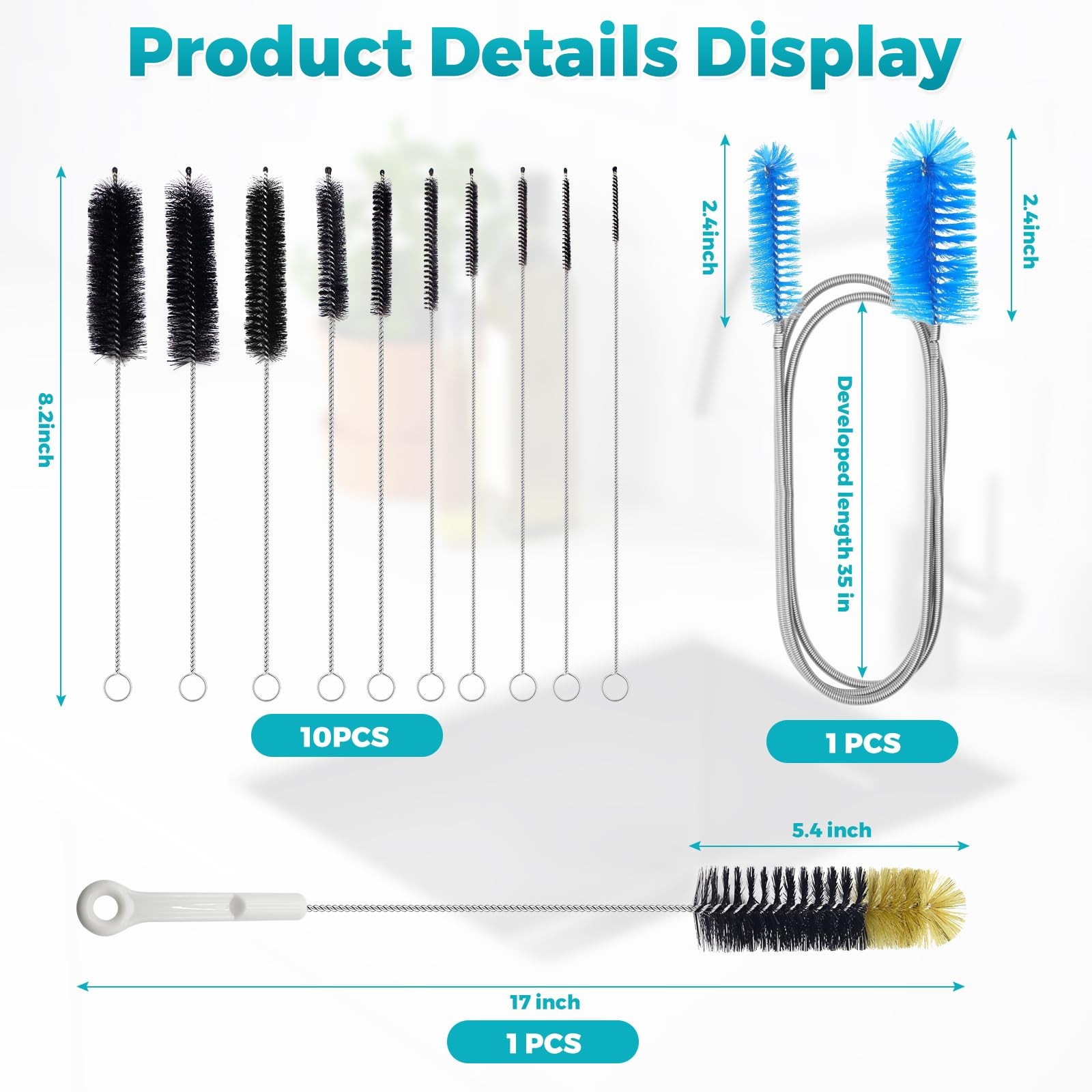 12 Pcs Glass Tube Cleaner Brush Set HeavyDuty for Bottle Straw Hose Aquarium