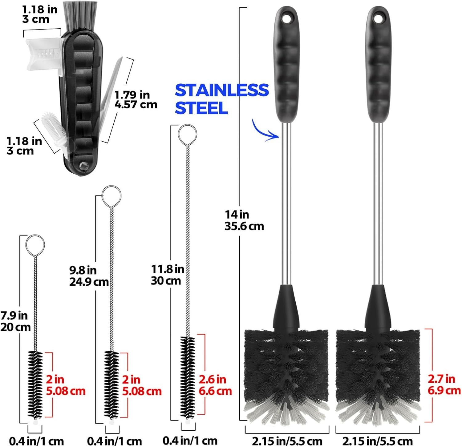 Holikme 6 Pack Bottle Brush Set, 14″ Long Handle Stainless Steel Bottle Cleaner