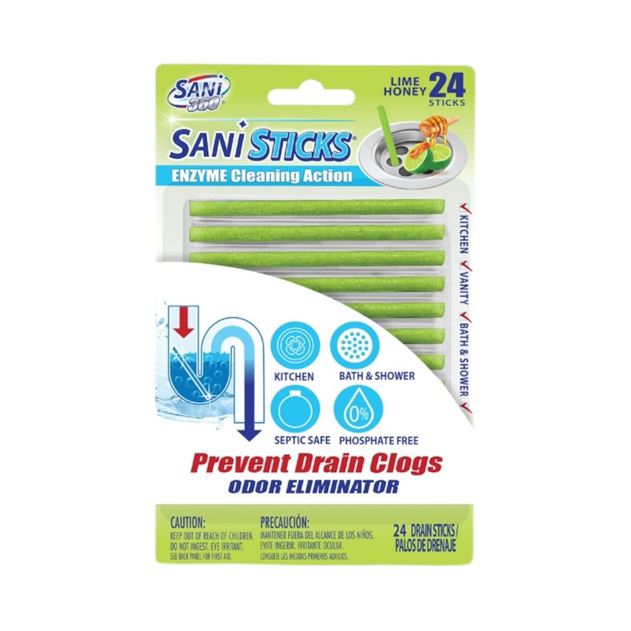 SANI 360° Sani Sticks Drain Cleaner and Deodorizer, Lime Honey Scent, 24 Count