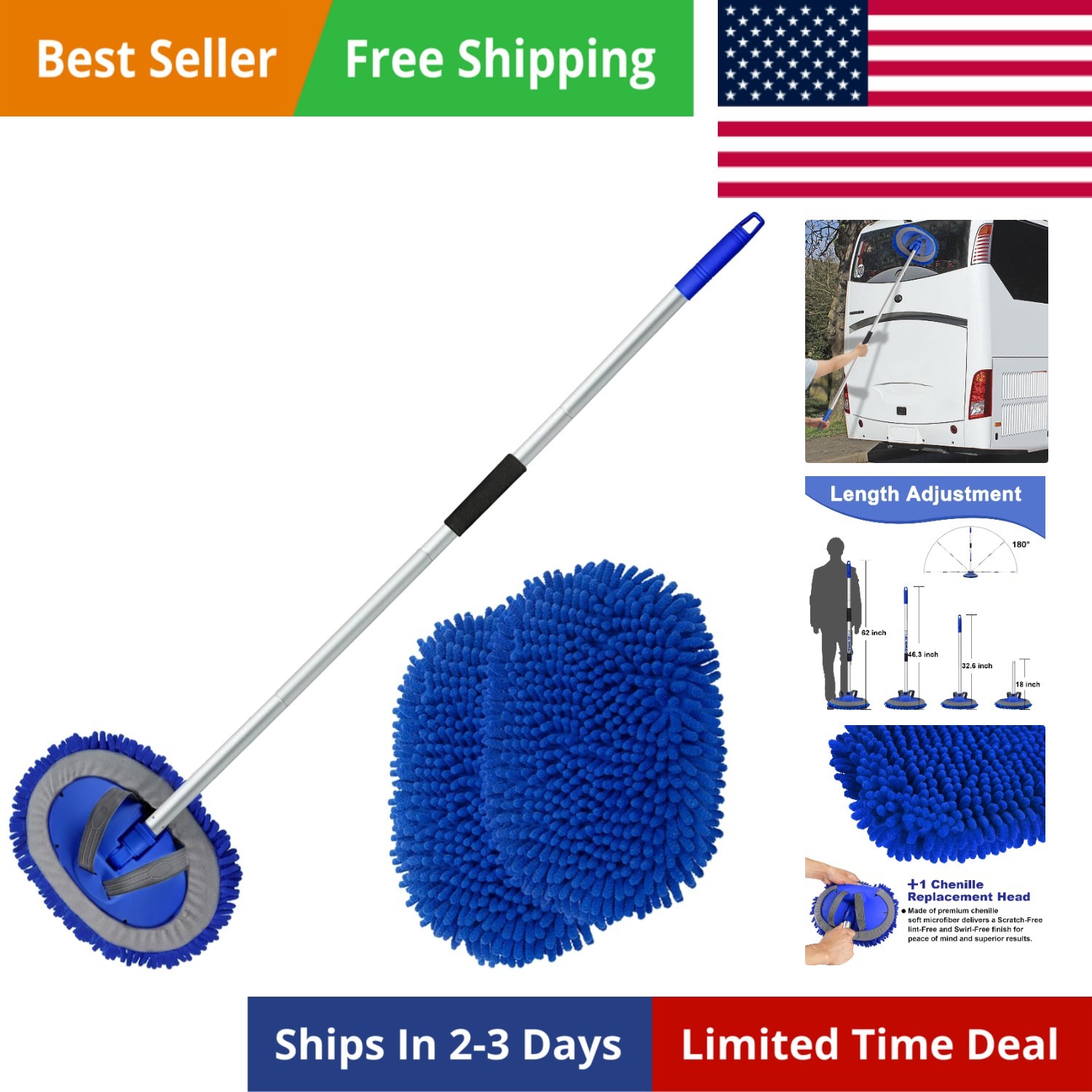62″ Microfiber Car Wash Brush with Long Handle Car Washing Mop Kit Mitt Spong…