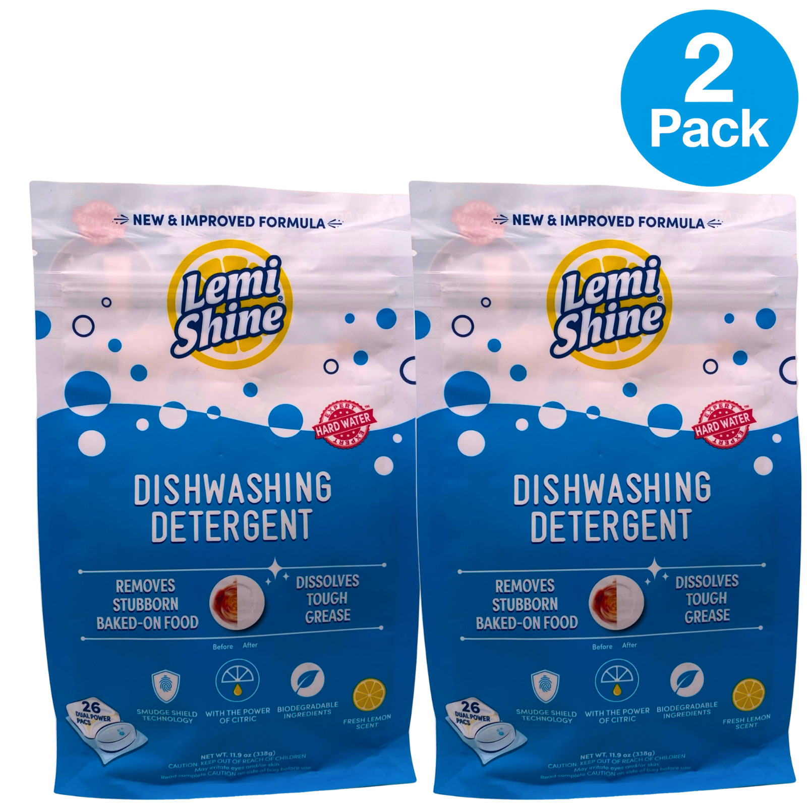 Lemi Shine Dishwashing Detergent Hard Water Dual Power Pacs Fresh Lemon 26ct 2 P