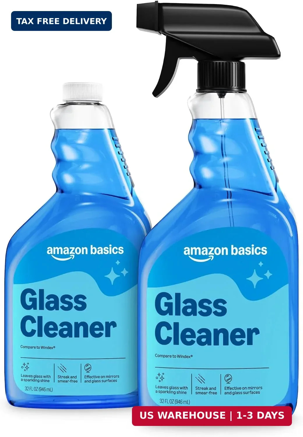 Amazon Basics Glass Cleaner, Streak-Free Shine, 32 Fl Oz, Pack of 2 with 1 Spray