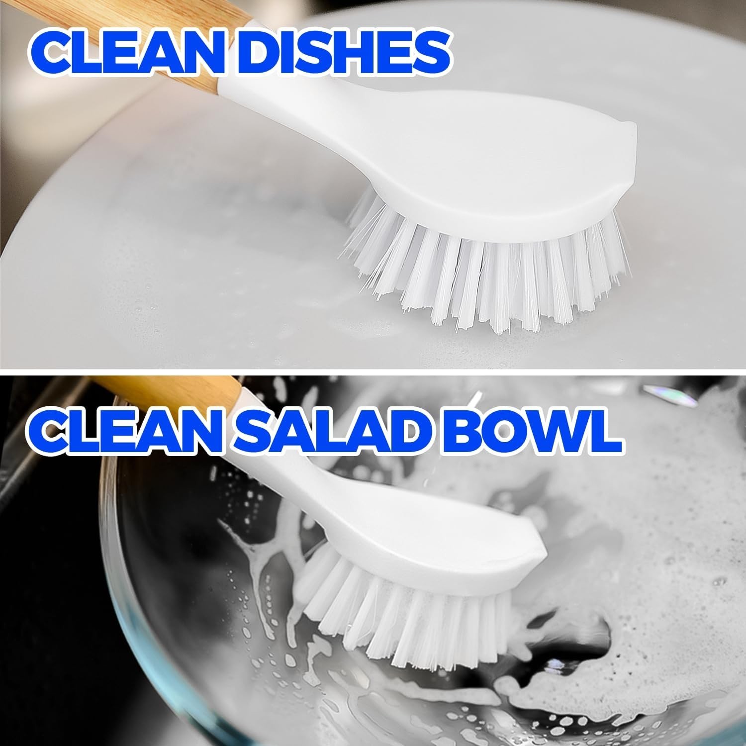 3 Pack Dish Brush Set with Bamboo Handle, Kitchen Brushes for Cleaning Pot, Sink