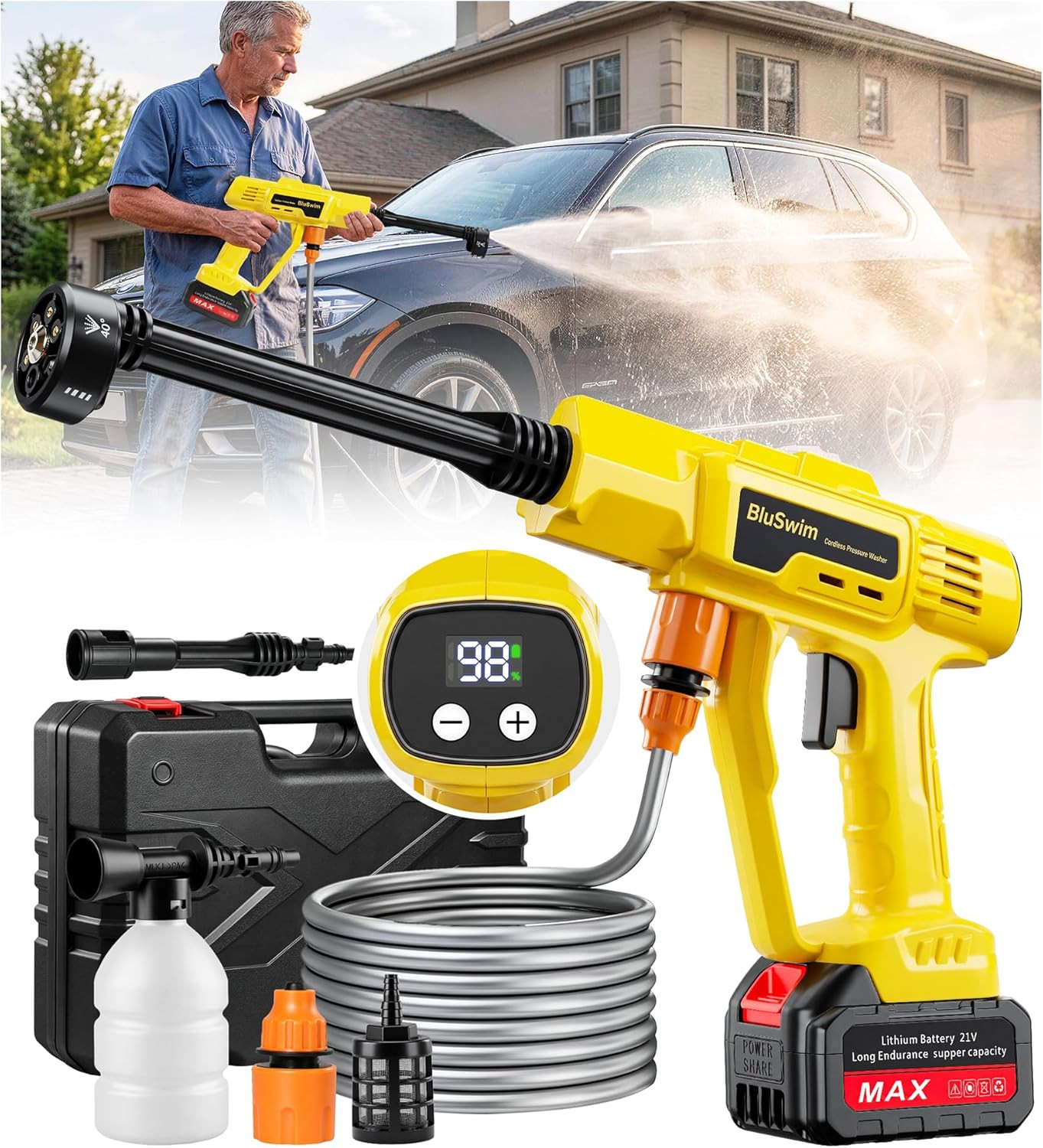 Cordless Car Cleaning Tool with LCD Display, Portable Vehicle Cleaner with Brush