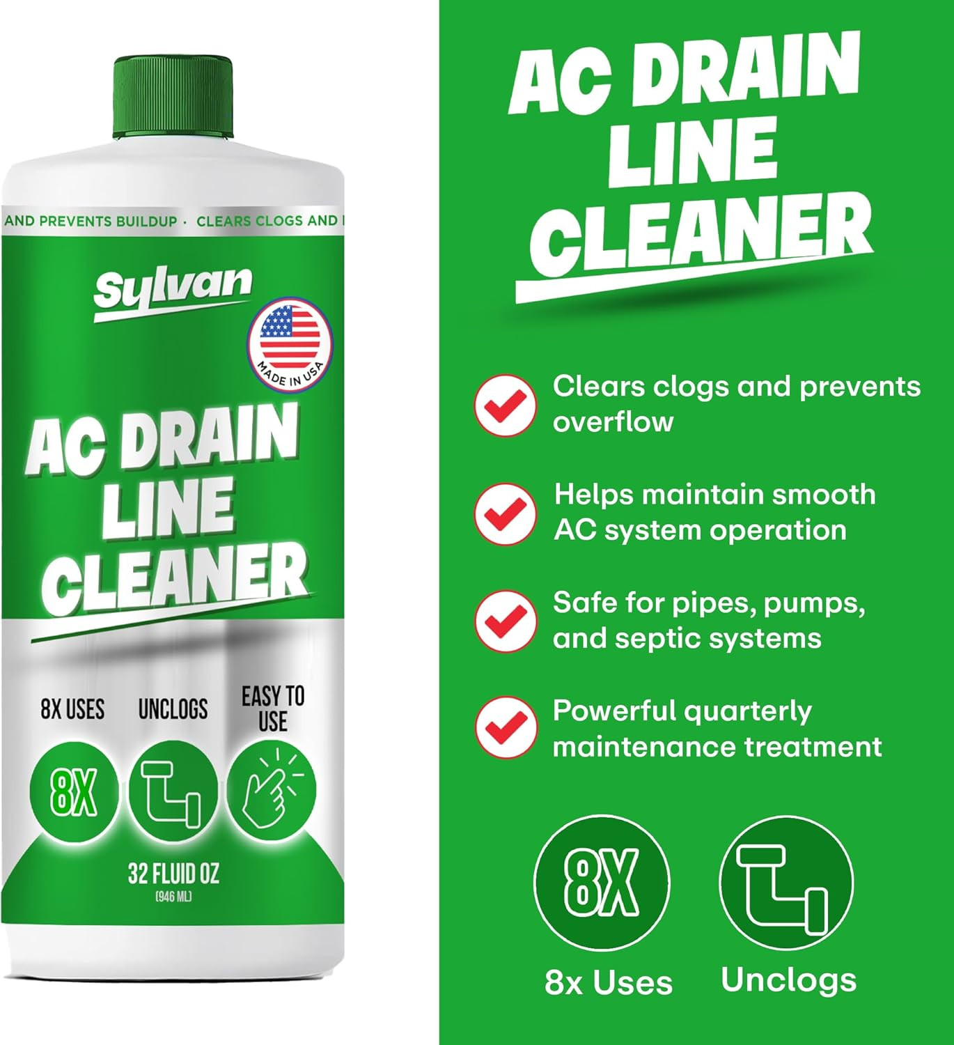 AC Drain Line Cleaner | Free Drain Brush | 32 Oz | 12 Month Supply | US Made | U