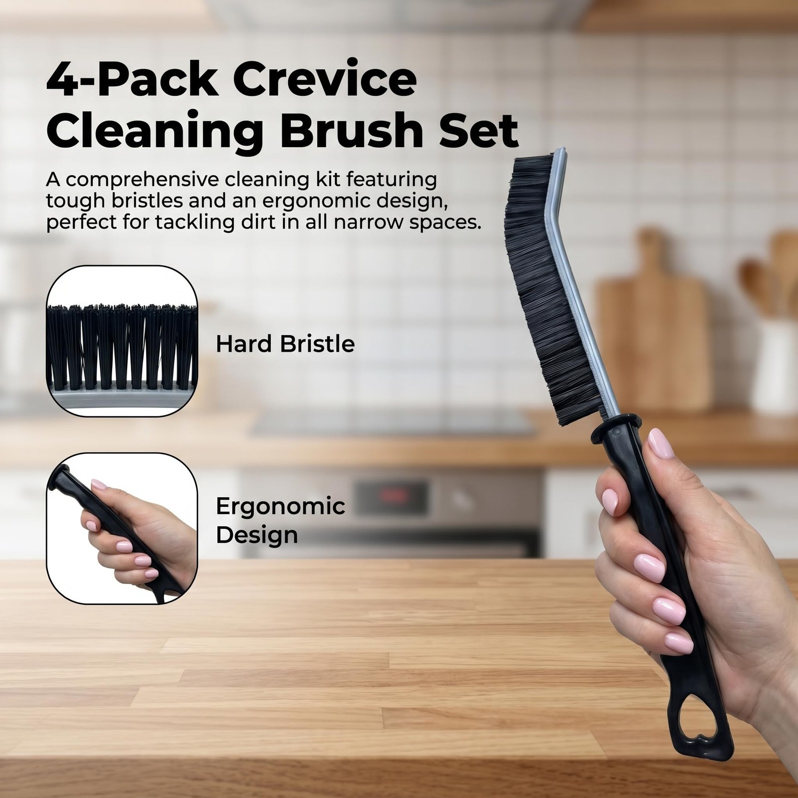 4 Pack Crevice Cleaning Brushes Hard Bristled Grout Brush Tool | Small Spaces