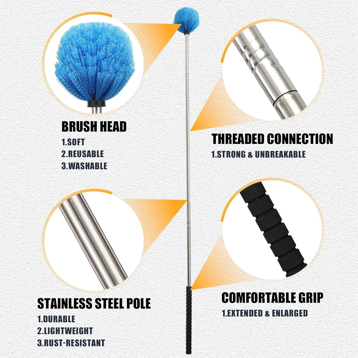 Lightweight Cobweb Duster with Extension Pole – 8FT Long Reach Brush Kit