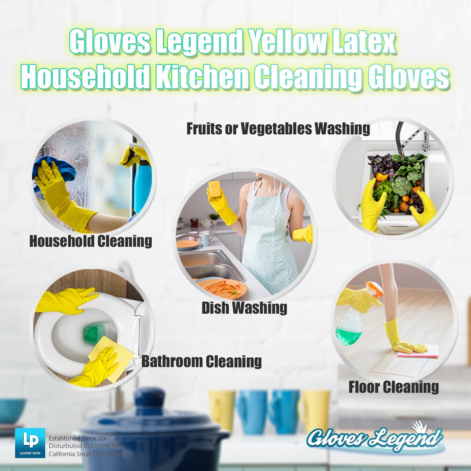 1 Pair (2 Gloves) Large Yellow Latex Household Cleaning Dishwashing Gloves