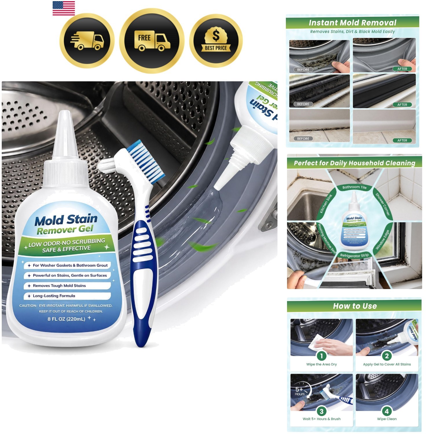 Mold-Stain Remover Gel for Washing Machine Seal & Bathroom – Low Odor Gel for…