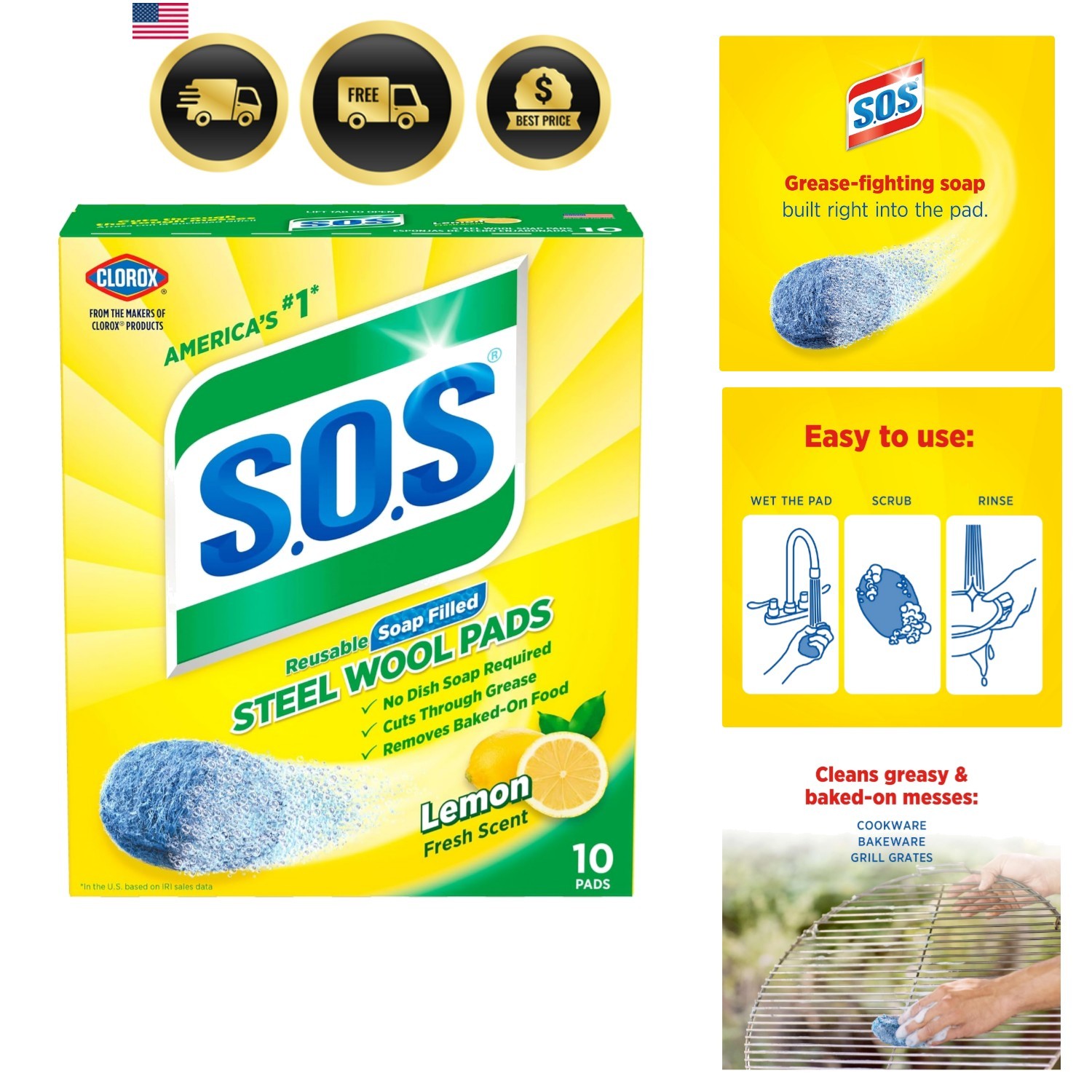 Steel Wool Soap Pads | Lemon Fresh | 10 Count, Pack of 6