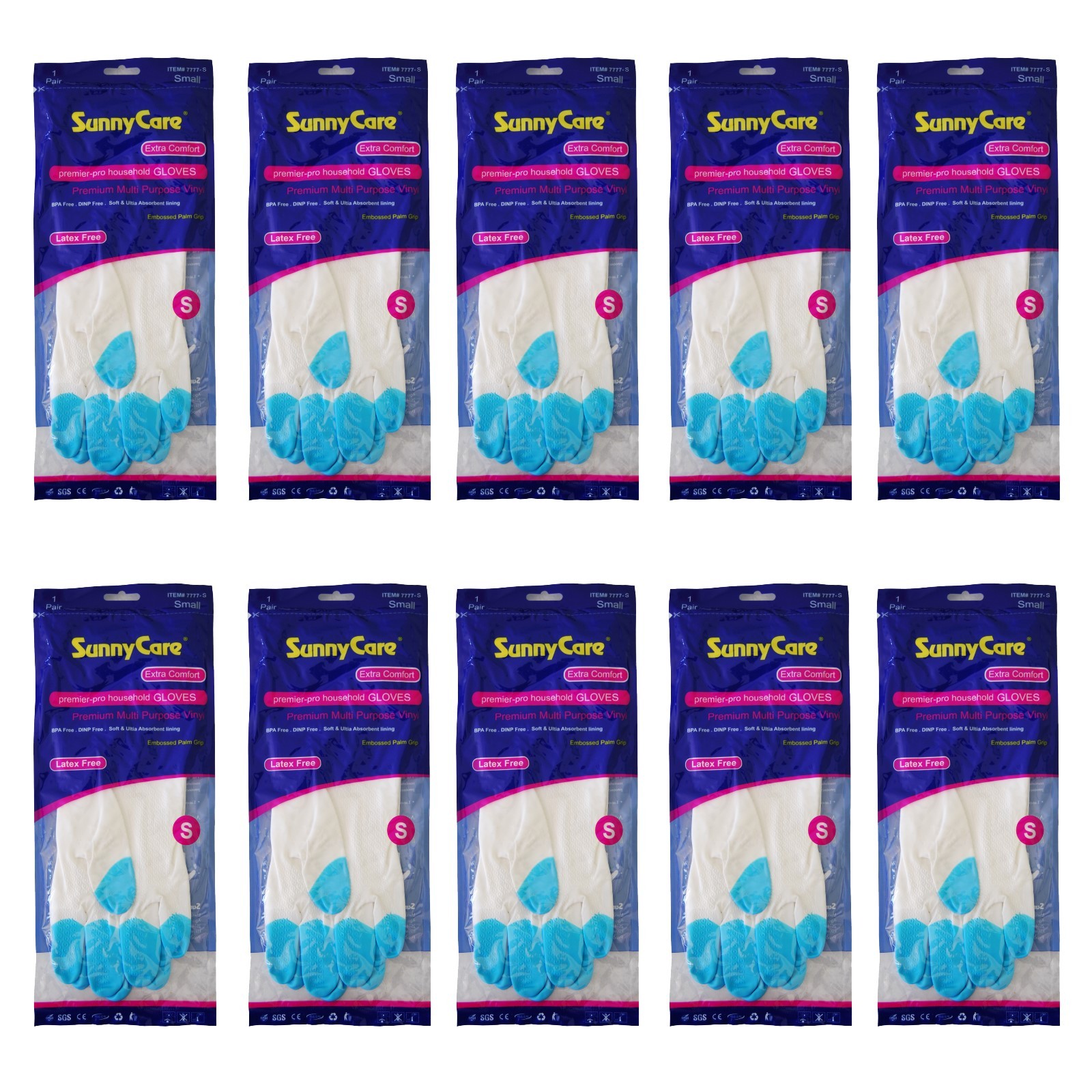 10Pairs SunnyCare Heavy Duty Household Cleaning Vinyl Gloves 13” S (Latex Free)