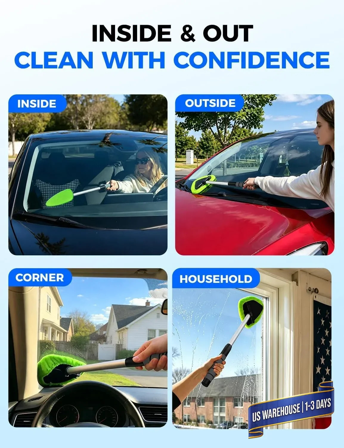 XINDELL Windshield Cleaner Tool – Car Interior Window Cleaning Kit with Extendab