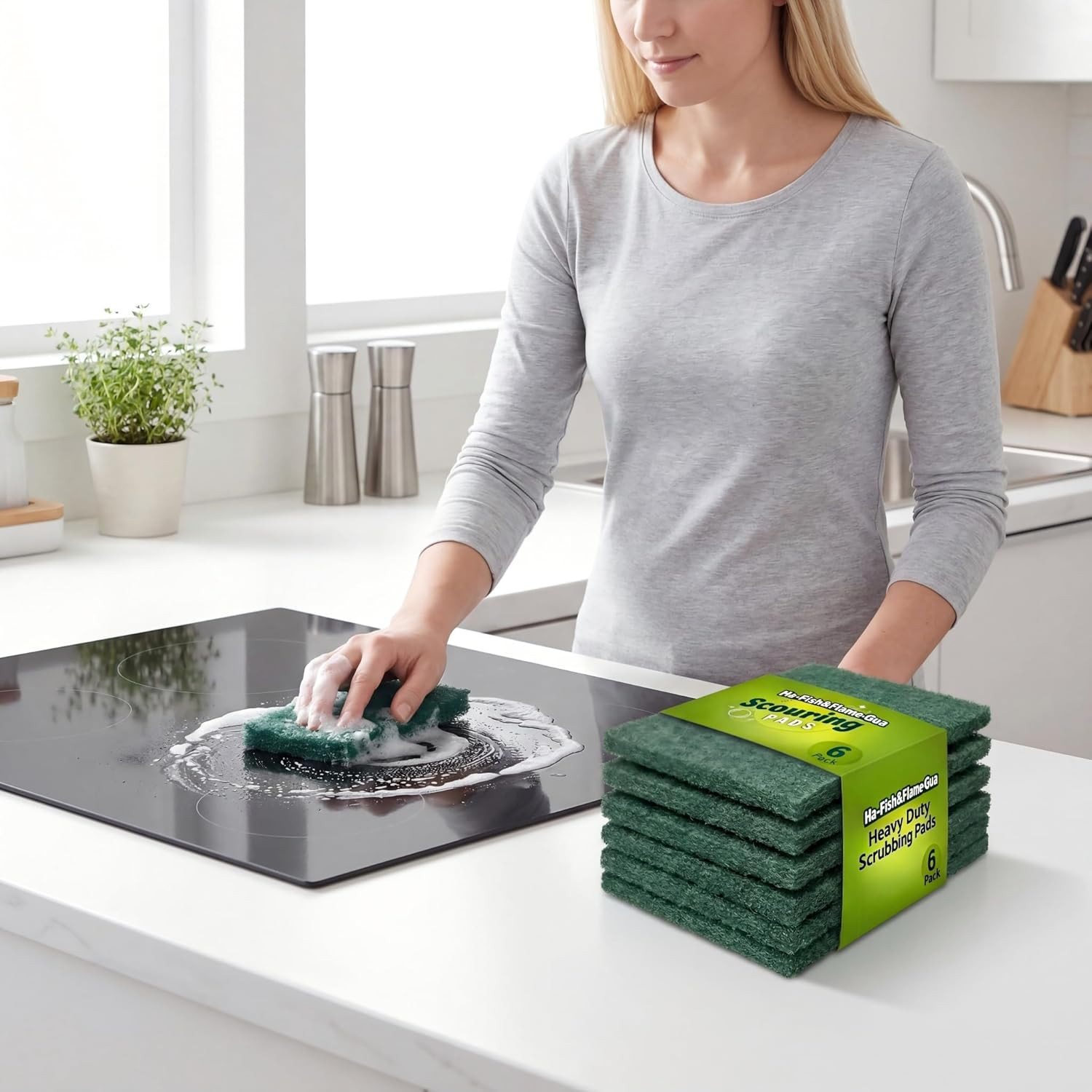 Scrubbing Pads, 6-Pack Green Kitchen Cleaning Scourer – Heavy Duty Scrubber f…