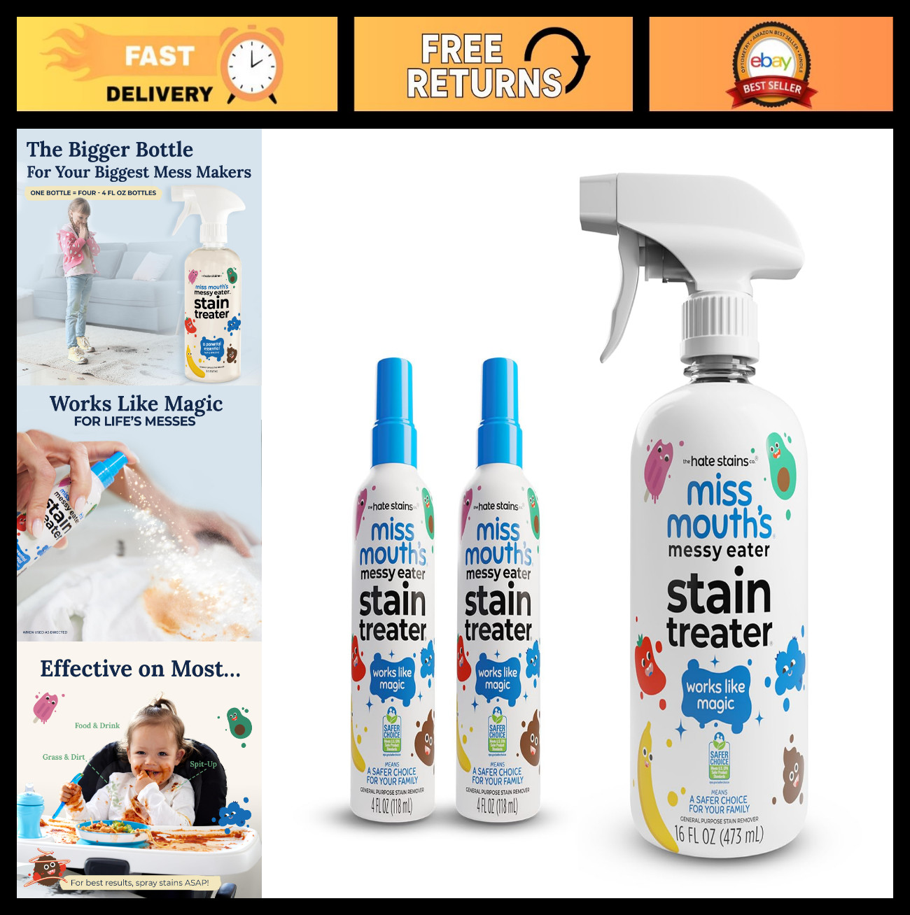 Messy Eater Stain Treater 4oz 2-Pack & 16oz Spray – Baby Stain Remover for Cloth