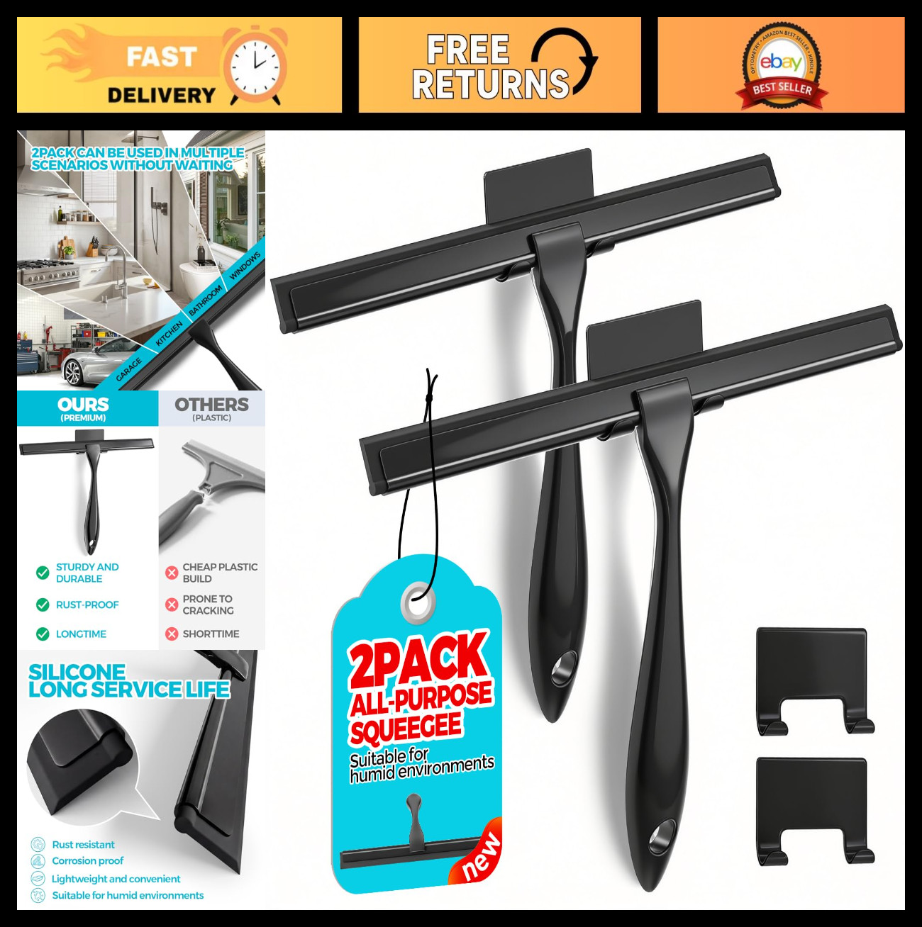 12″ Shower Squeegee 2-Pack – Stainless Steel, Black for Glass, Tiles, Windows &