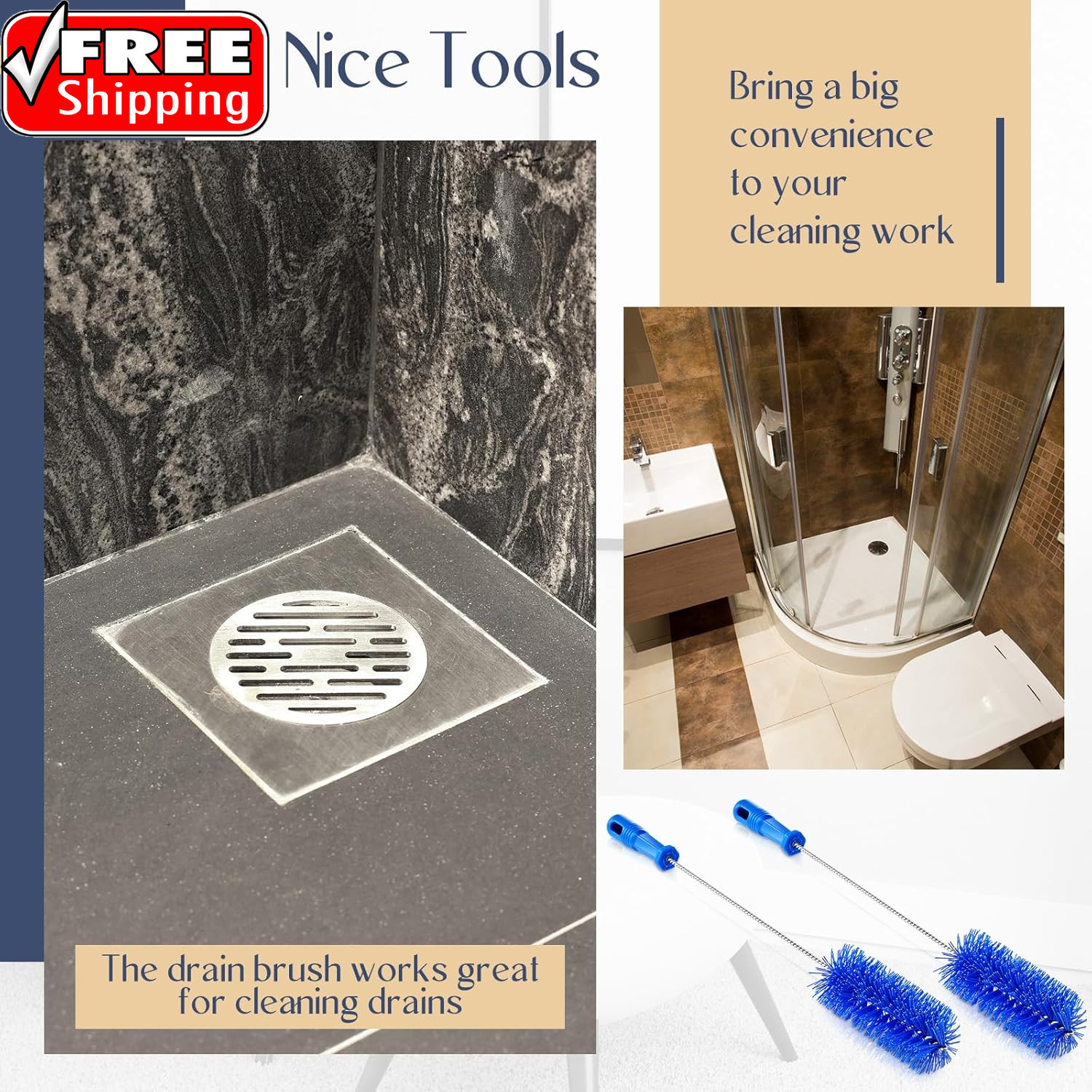 2 Pieces Drain Brush Pipe Cleaning Tube Brushes 19.7 Inch Plastic Shower Pipe Fl