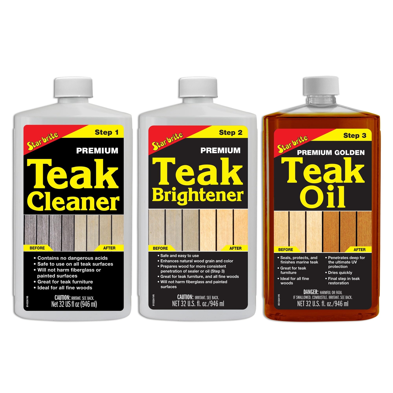 STAR BRITE Premium Teak Care Kit Marine Grade Cleaner Oil 32 Fl Oz Pack of 3