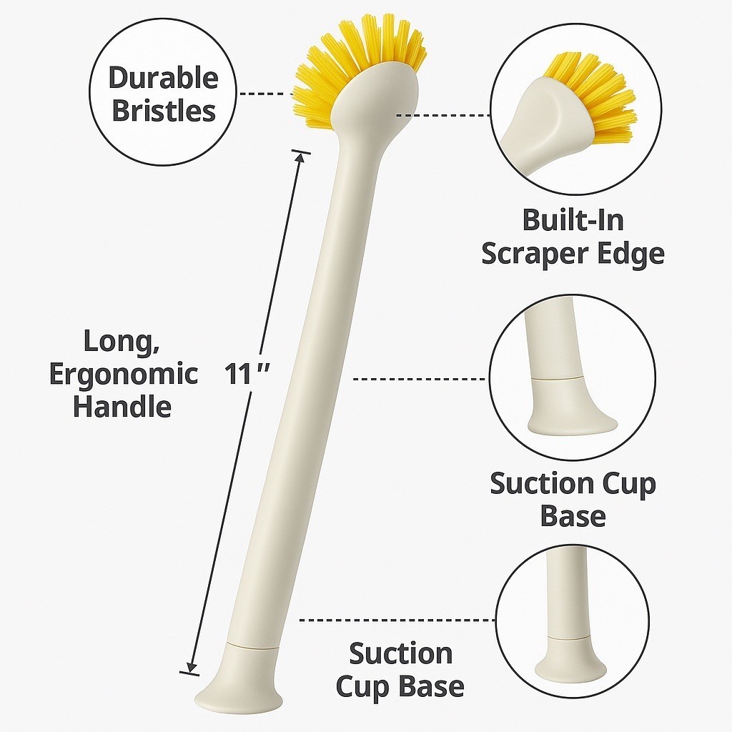 3-Pack White Long Handle Dish Brush w/ Scraper & Suction Base – Kitchen Brush