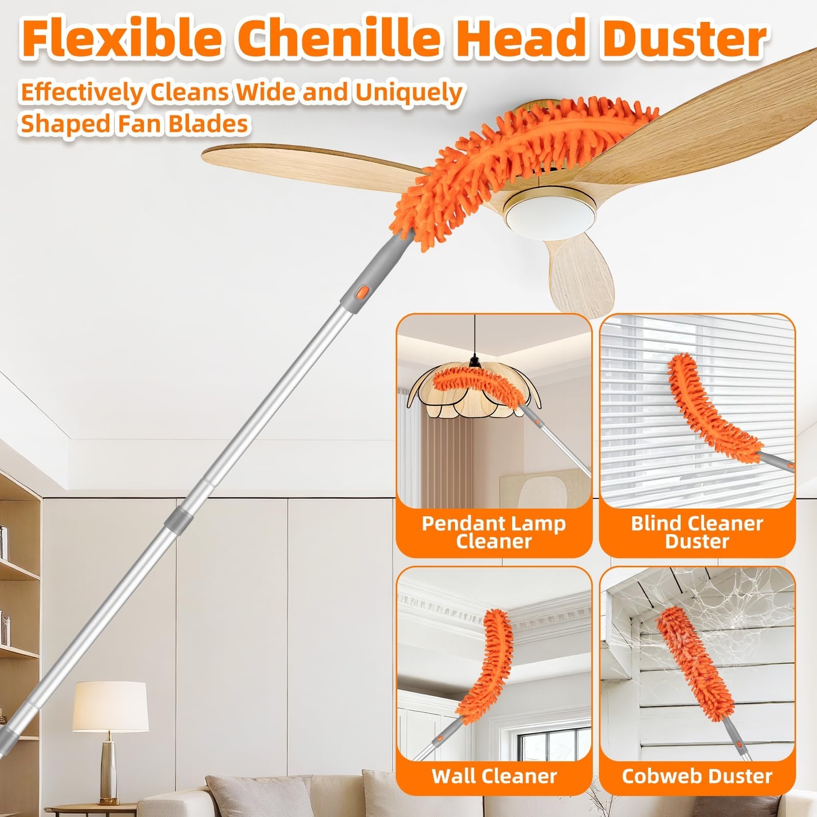 Ceiling Fan Cleaner Duster with 6ft Extension Pole – Multi-Functional Chenille K