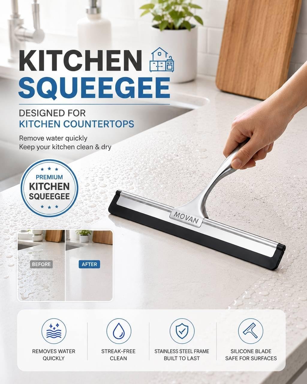 MOVAN Shower Squeegee Glass Doors W/ Replacement Silicone Blade – 304 Stainless