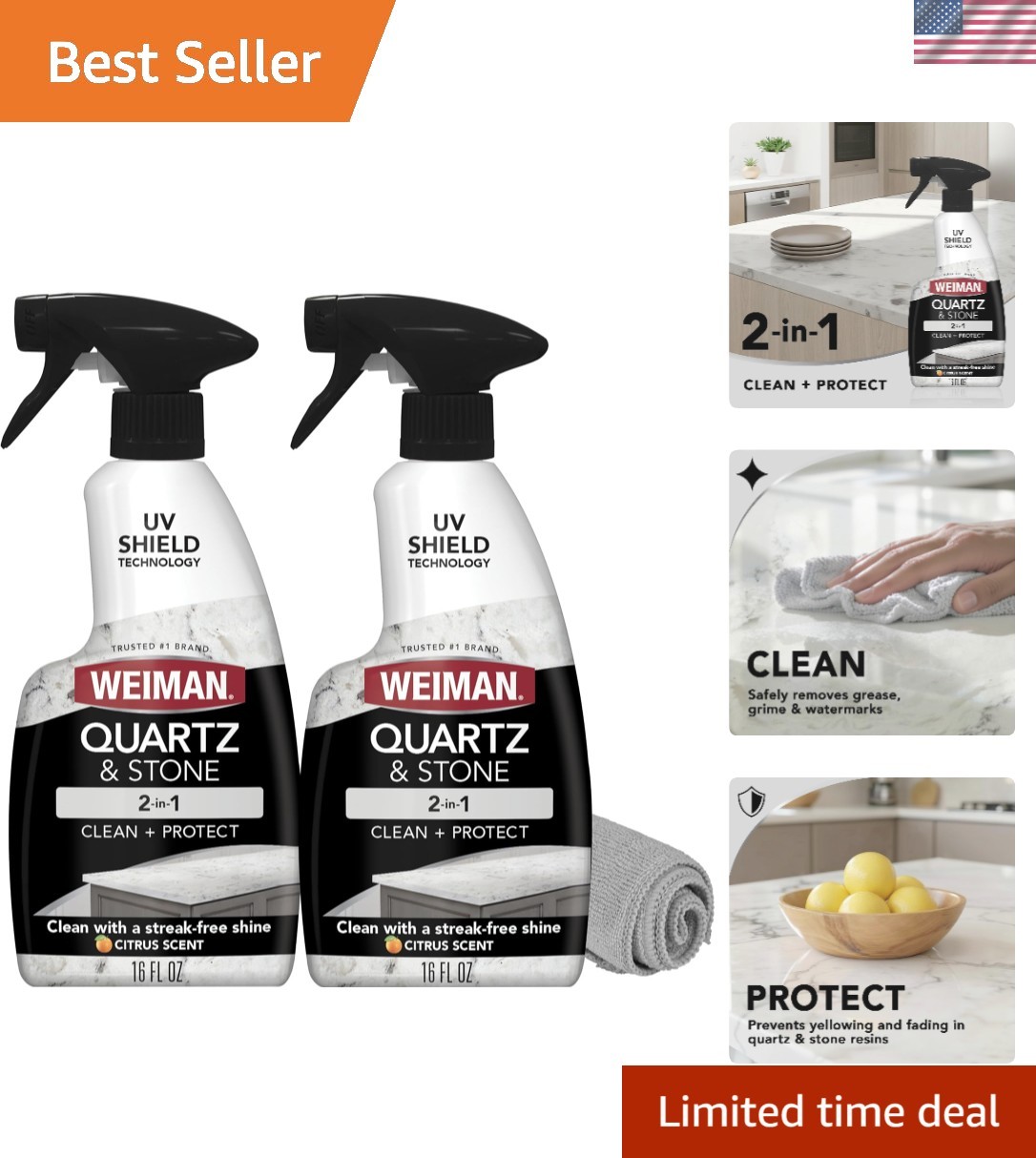 Quartz Countertop Cleaner 2-Pack with Microfiber Towel – Citrus Fresh Shine
