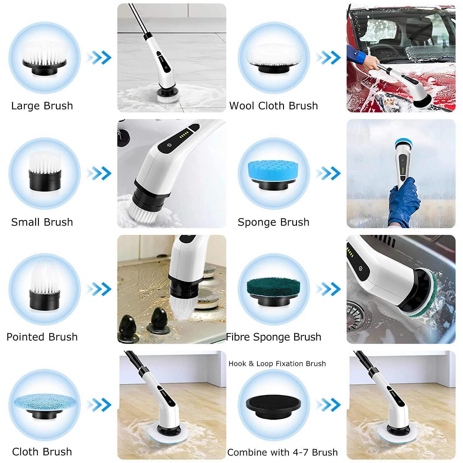 Electric Spin Scrubber Rechargeable Cordless Scrubber w/ 8 Head Car Cleaning Mop