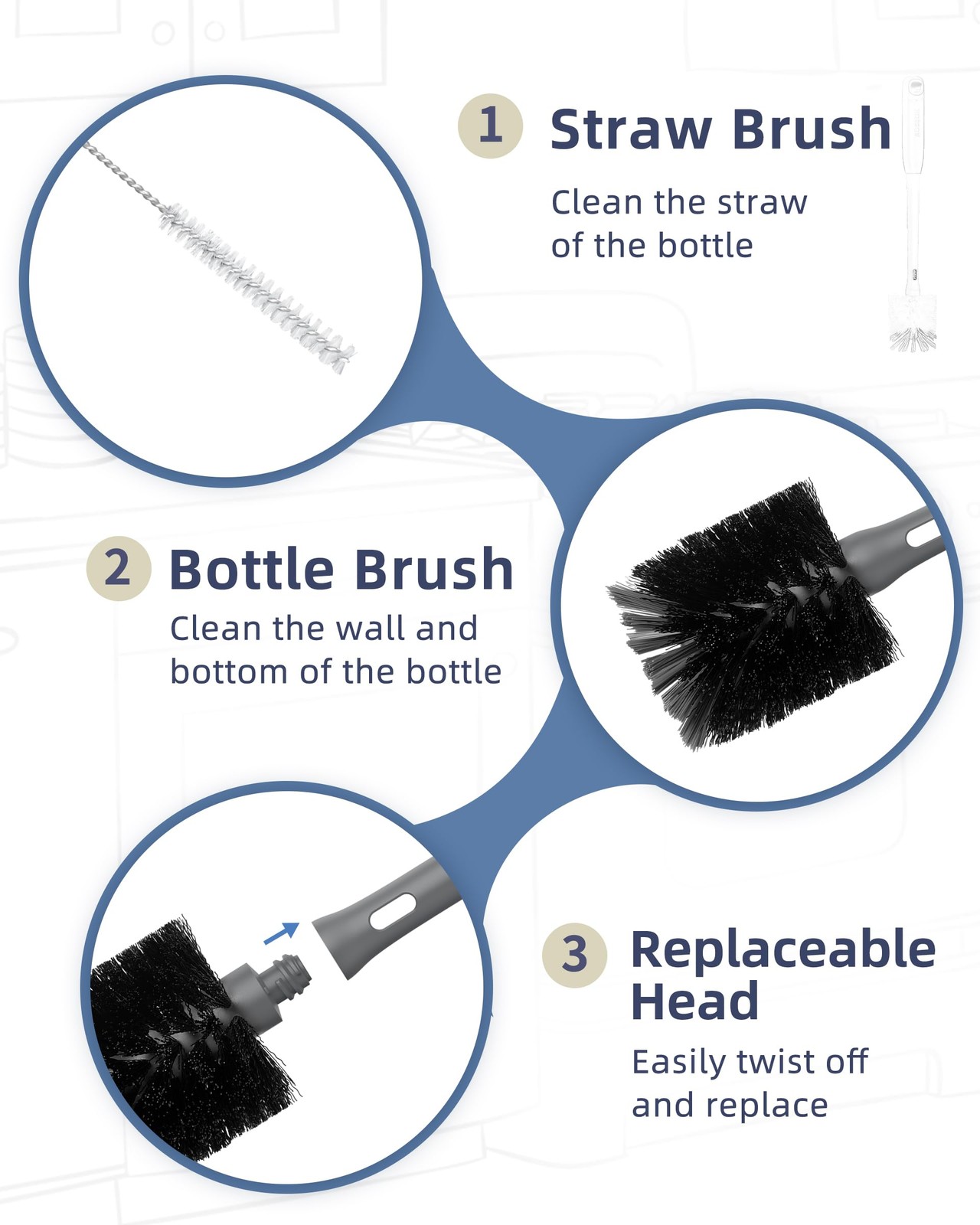 2 in 1 Long Handle Bottle Brush with Straw Brush for Cleaning Glass, Sports B…