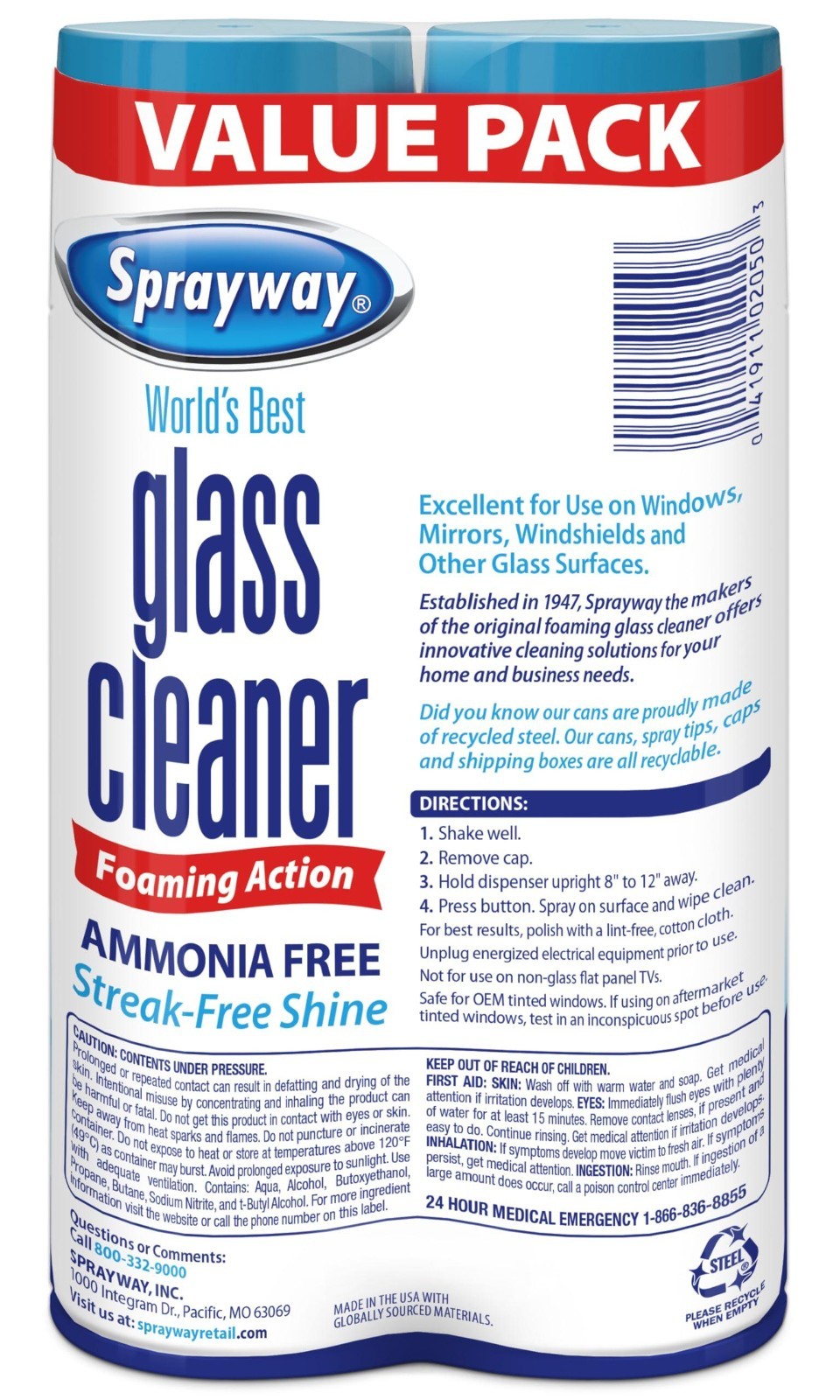 2 Pack Sprayway Glass Cleaner – 19 oz Foaming Aerosol, Fast Acting, Ammonia Free