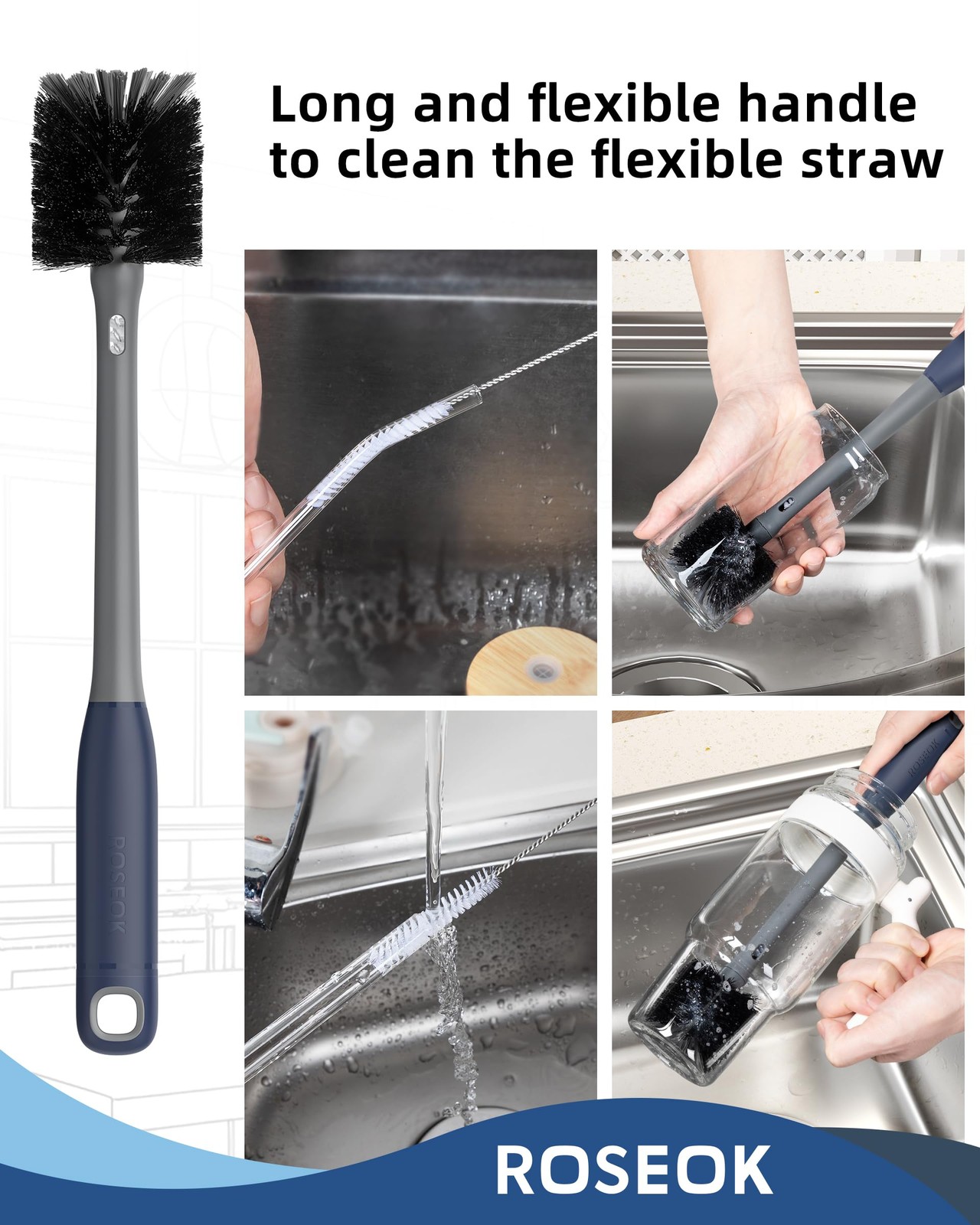 2 in 1 Long Handle Bottle Brush with Straw Brush for Cleaning Glass, Sports B…