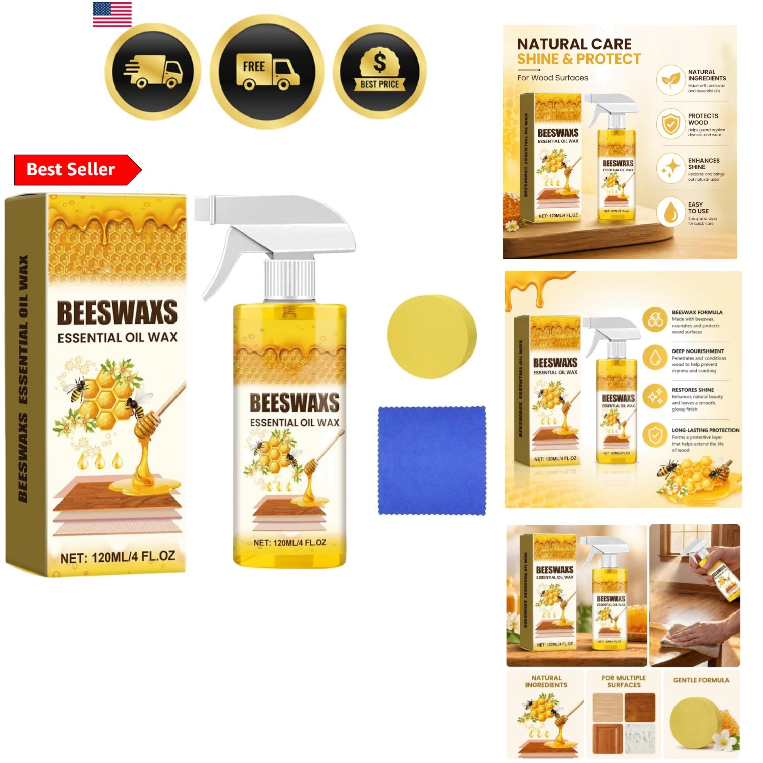 Beeswax Wood Polish Spray, Natural Furniture Cleaner & Restorer, Removes Scra…