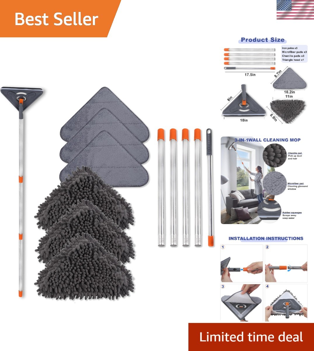 Wall Cleaner Mop with Long Handle 79 Inches 360° Swivel Microfiber Pads
