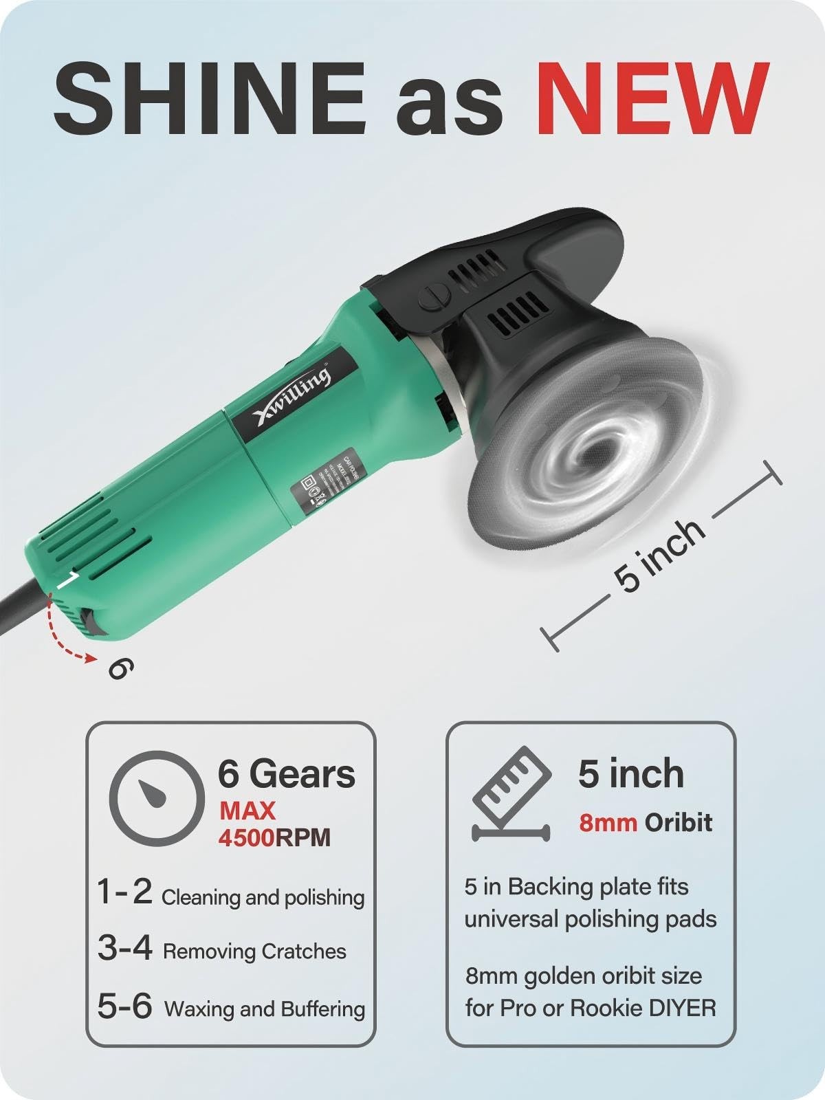 Buffer Polisher, 5-Inch 8MM Dual Action Random Orbital Car Polisher with 6 Va…