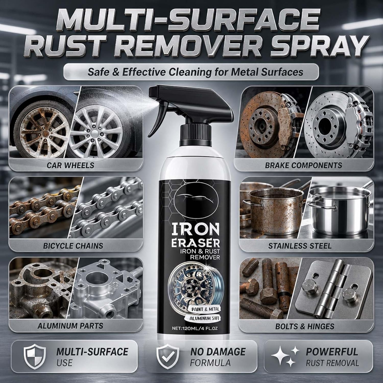 Iron Eraser Rust Remover Spray, Car Wheel Paint Brake Dust Fast Cleaner 120ML US