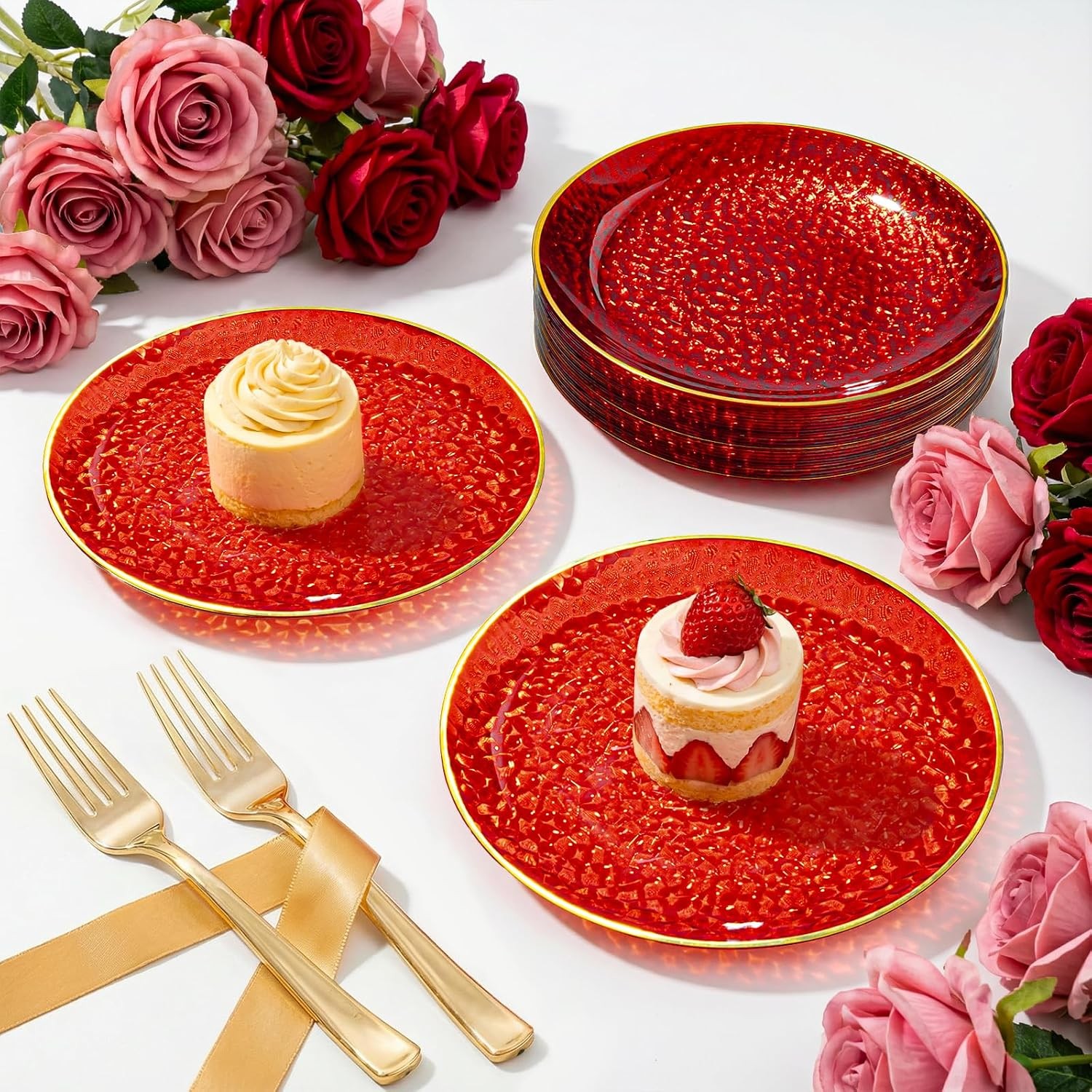 DaYammi 240Pcs Red Plastic Plates Including 120Pcs Red Dessert Plates and 120P