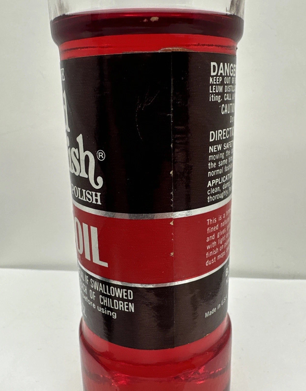 Vintage Old English Furniture Polish Red Oil Glass Bottle Safety Cap Collectable