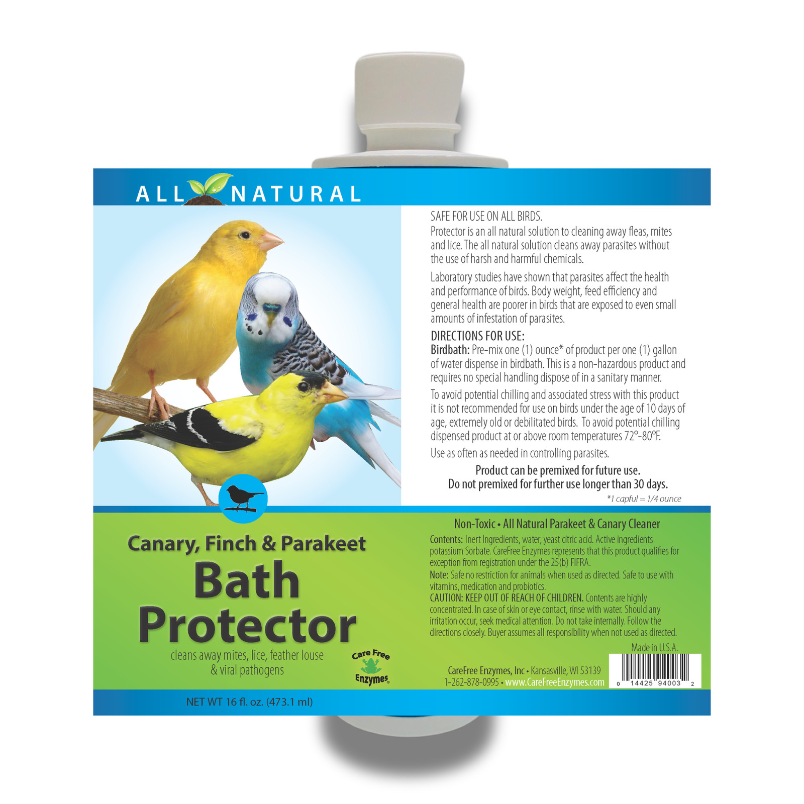 Pet Bird Bath Water Protector | For Canaries, Finches & Parakeets | 16 oz & 33.9