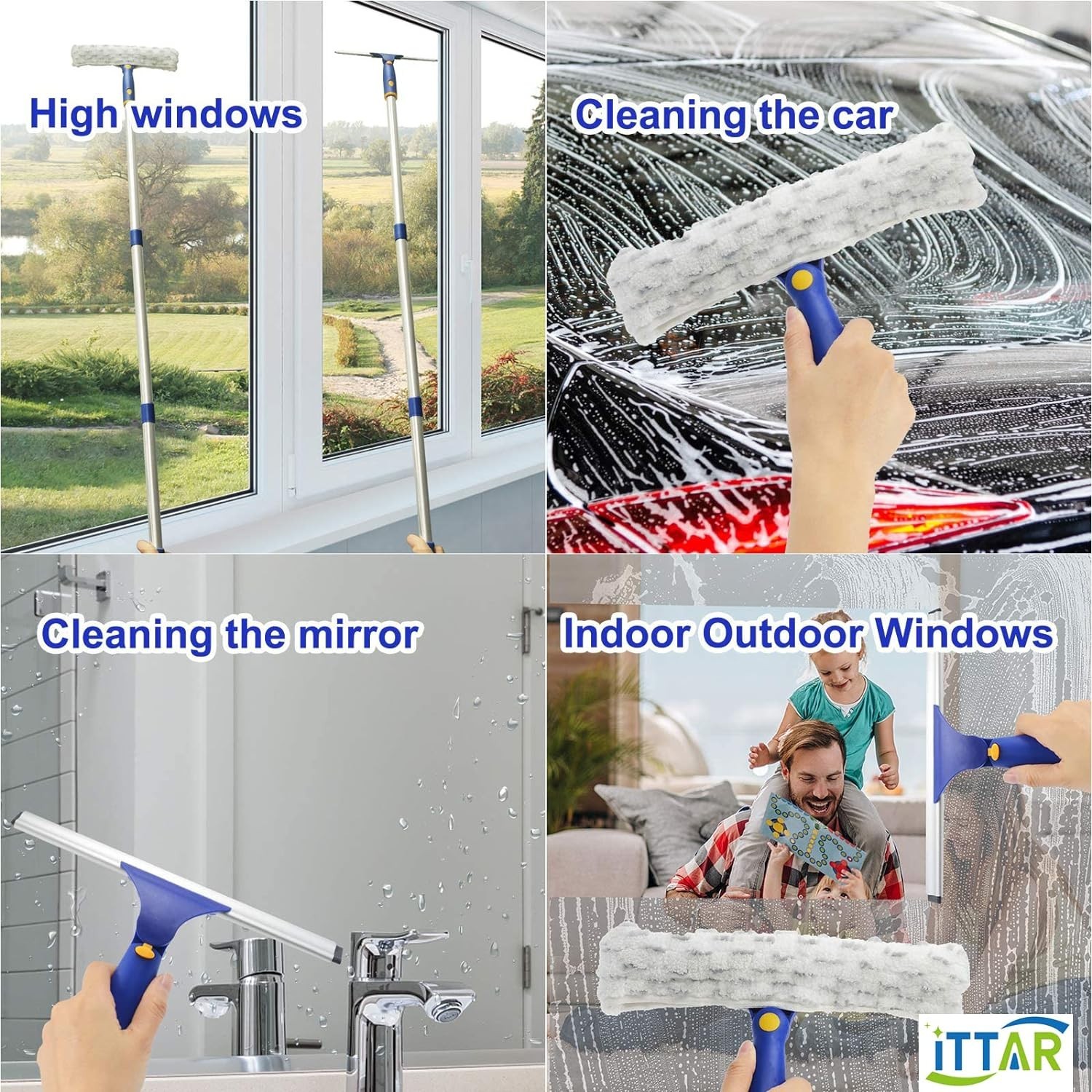 Durable 5Ft Window Cleaner with Extendable Pole & Microfiber Scrubber Set