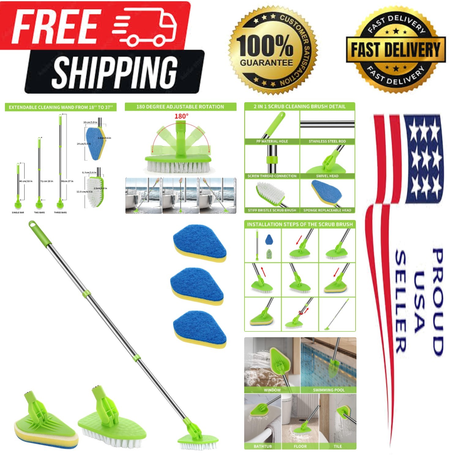 Scrub Cleaning Brush with Long Handle 35” – Extendable Floor Scrubber with 1…