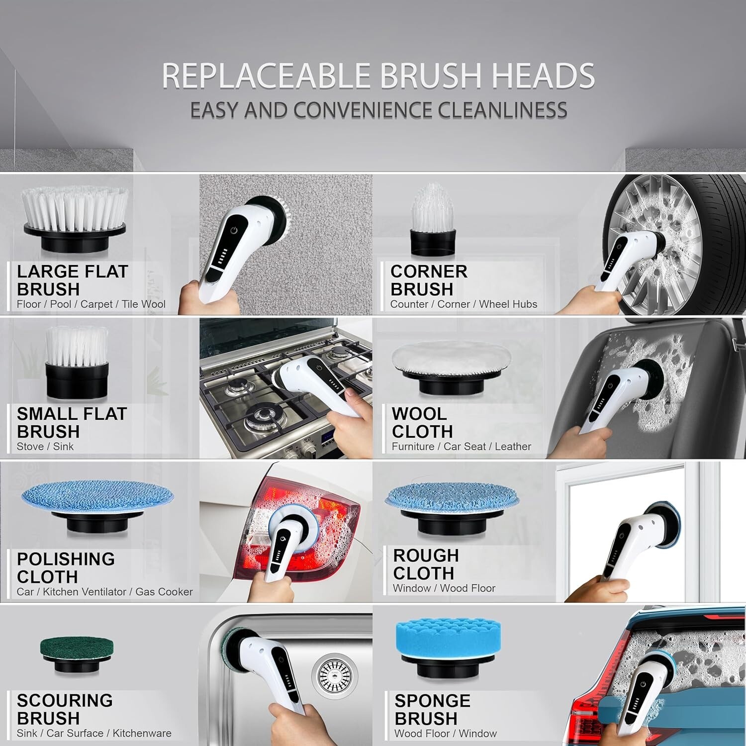 Electric Rotating Washer, Long Handle For Shower Cleaning Brush w/6 Brush Heads