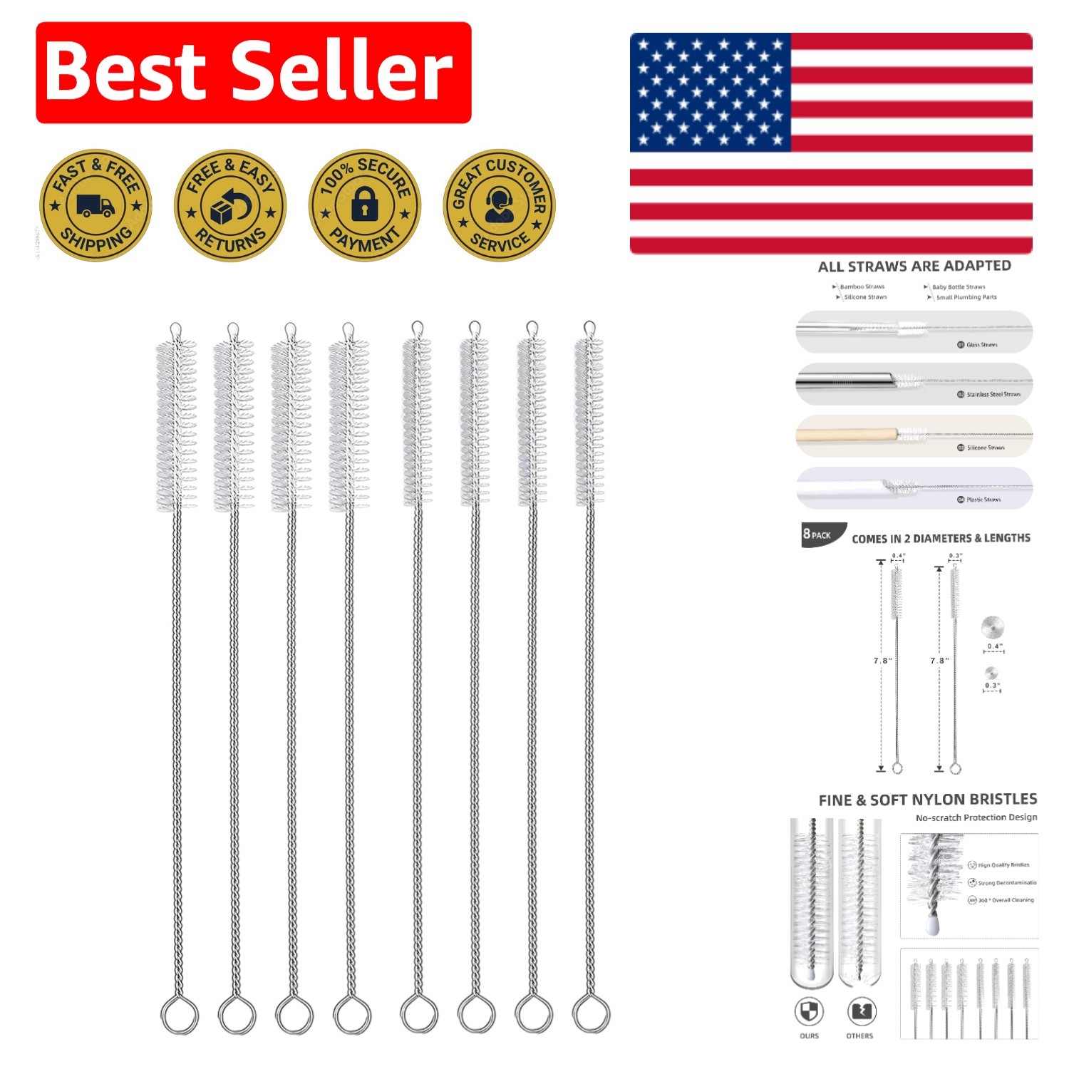 Food-Grade Multi-Purpose Straw Cleaning Brush Set – Dishwasher Safe & Durable