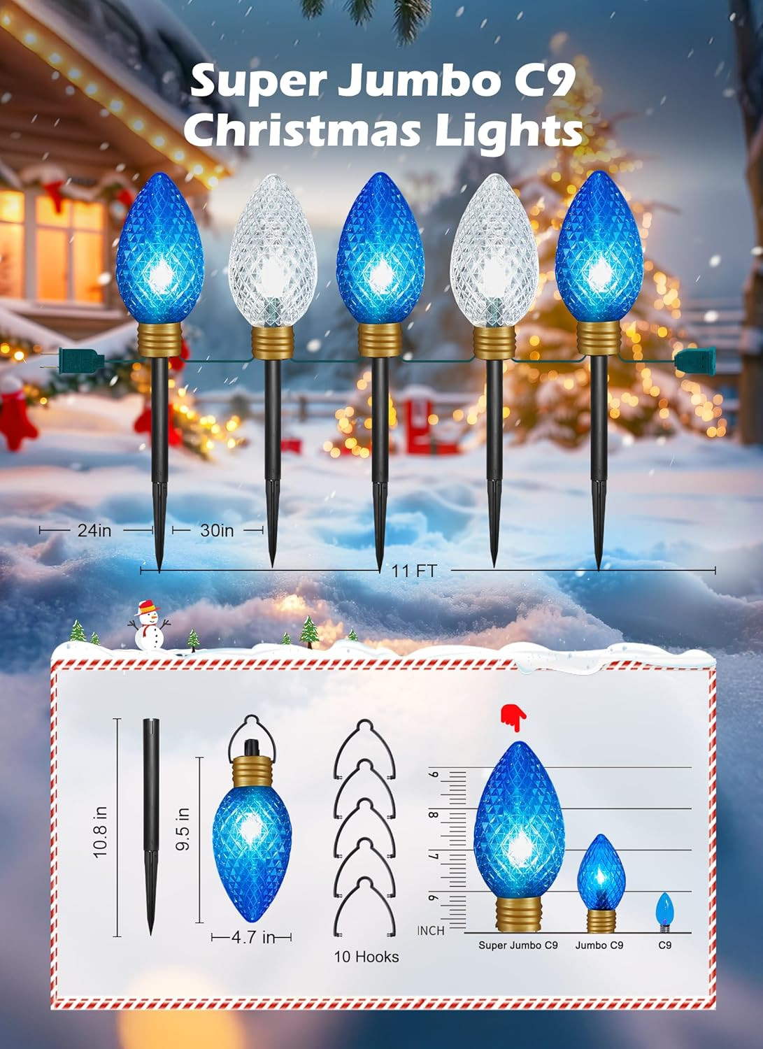 Jumbo C9 Christmas Pathway Lights – 22FT 10 LED Blue & White – 2 Pack