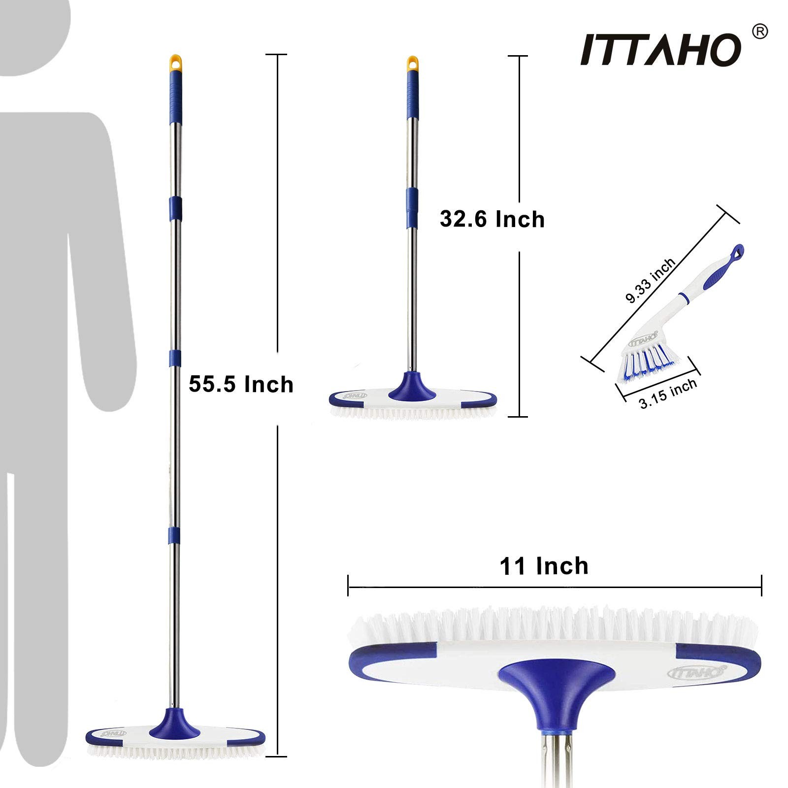 Floor Scrub Brush with Long Handle – 53″ Deck & Grout Cleaner Brush Set