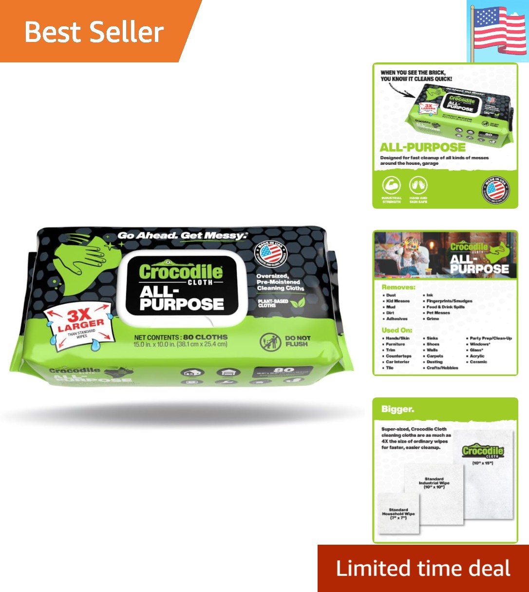 All-Purpose Cleaning Wipes – 80 Count, 15″x10″ Extra Large Plant-Based Dispos…