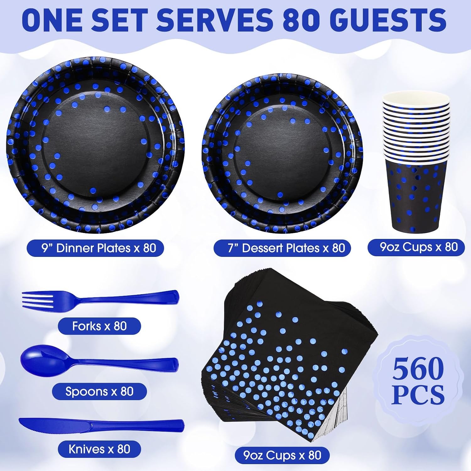 Sieral 560 Pcs Blue and Black Paper Plates Party Tableware Set Serve 80 Includ