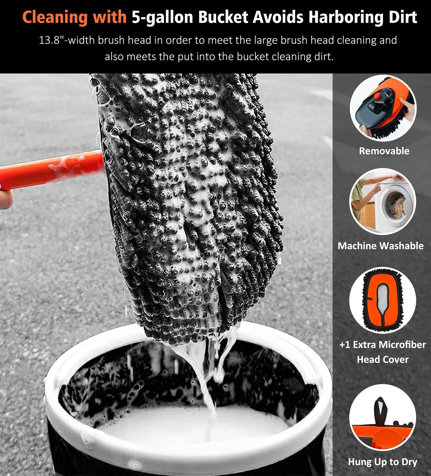 57 Car Wash Brush Mop with Long Handle, 15 Degree Curved Extendable Car Wash Bru