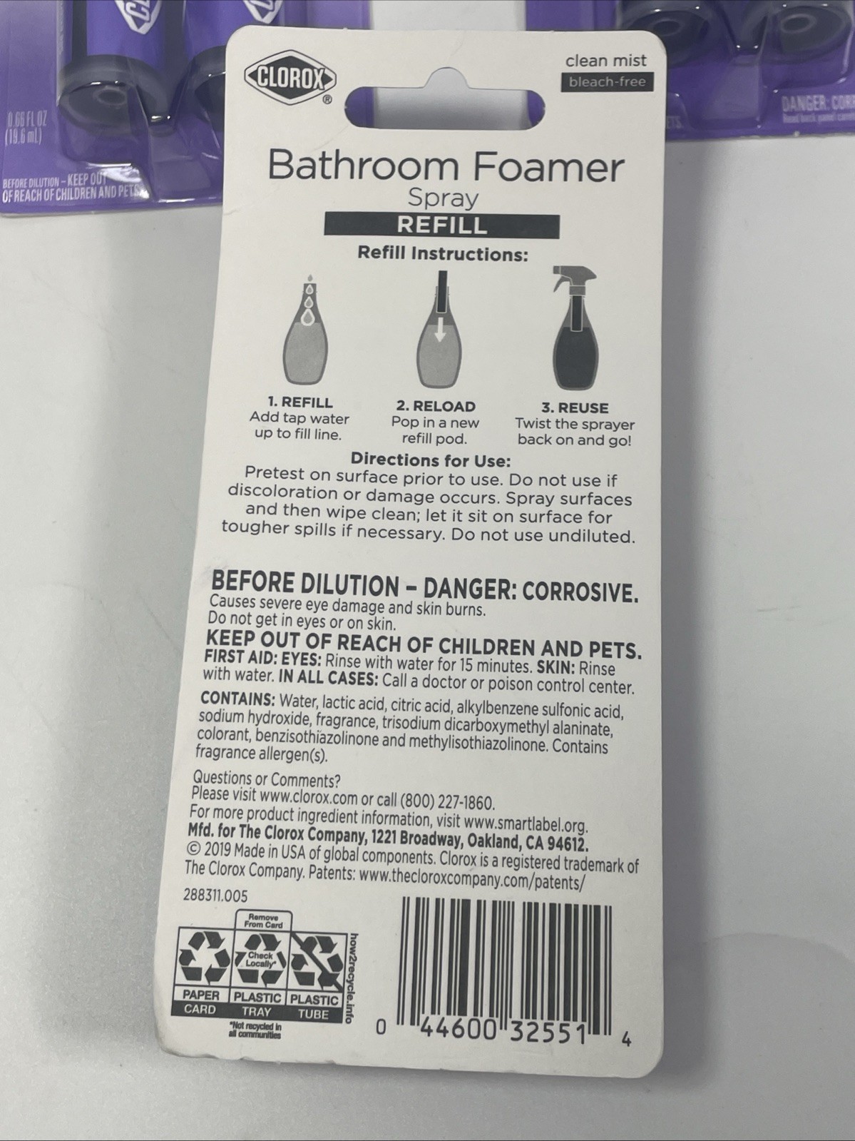 Clorox Bathroom Foamer Spray Refill Cartridge Bleach Free Clean Mist 2 Pack Lot