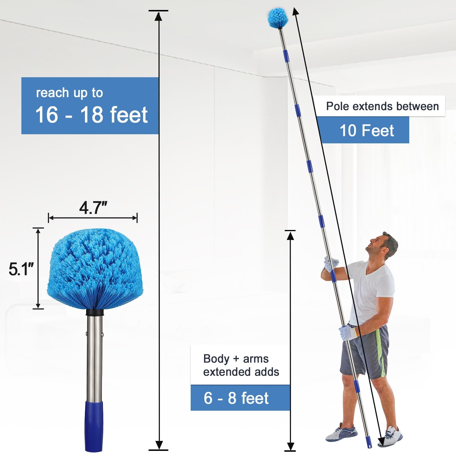 Cobweb Duster with Extension Pole 10 FT Lightweight Stainless Steel Extendab…