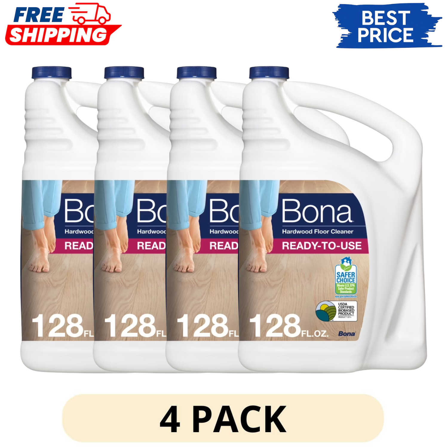 4 Pack Bona Hardwood Floor Cleaner Refill Unscented 128 fl oz Economy Size