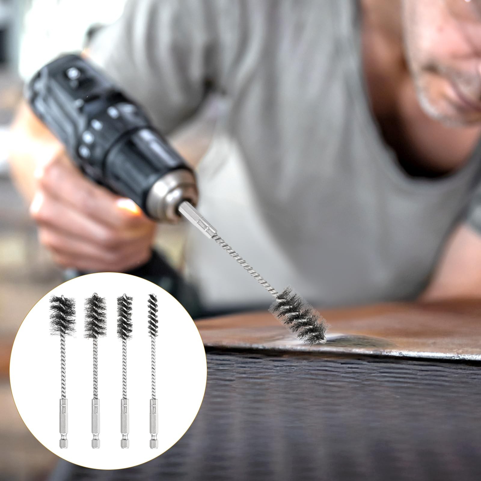 4 Pcs Stainless Steel Wire Brushes for Drill Stainless Steel Bore Brush Set 3/8′