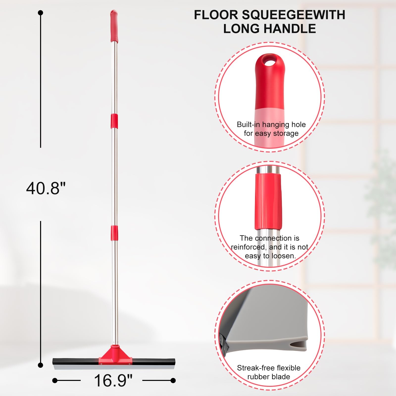 17″ Heavy Duty Floor Squeegee with 40.8 Inch Long Handle, Suitable for Bathro…